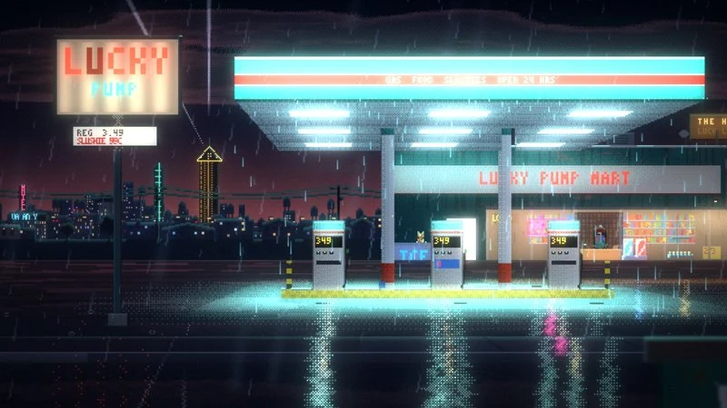 The Lucky Pump gas station glowing in the rain at 2 AM