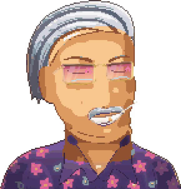 Uncle Vig, in a hat, sunglasses and a purple shirt